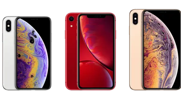 Trzy iPhone'y: biały, czerwony i złoty. Zastanawiasz się, ile cali ma iPhone X? Ten model ma 5,8 cala.