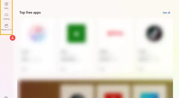 Ekran główny Microsoft Store z paskiem wyszukiwania i menu po lewej stronie.