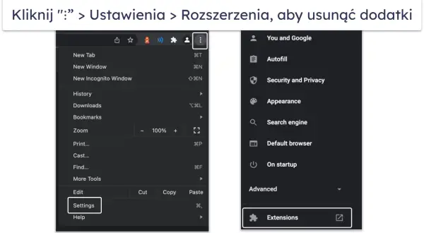 Kliknij „:”: > Ustawienia > Rozszerzenia, aby usunąć Yahoo z przeglądarki Chrome.