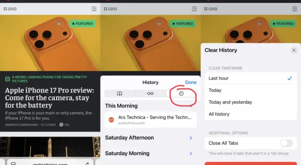 Gdzie jest przeglądarka w iPhone? Ikona książki na dole ekranu otwiera historię, a opcje czyszczenia są widoczne.
