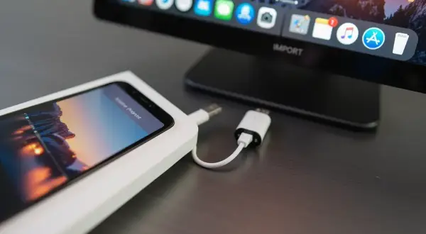 iPhone podłączony do komputera kablem, gotowy do zgrania zdjęć. Na ekranie komputera widać ikonki aplikacji.