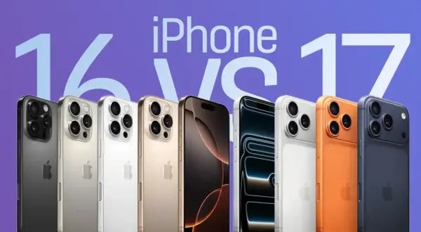 Rząd iPhone'ów w różnych kolorach, z napisem "iPhone 16 vs 17". Kiedy wychodzi iPhone 16?