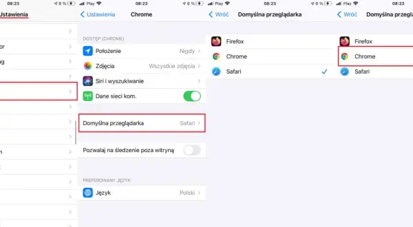 Ustawienia domyślnej przeglądarki: wybierz Chrome, aby ustawić go jako domyślną przeglądarkę.