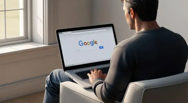 Mężczyzna siedzi przy oknie i szuka w internecie, jak ustawić Google jako domyślną przeglądarkę.