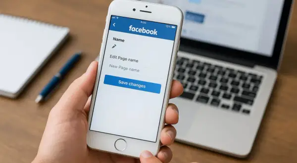 Dłoń trzyma smartfon z otwartą aplikacją Facebook, gdzie można edytować nazwę strony. To pokazuje, jak zaktualizować Facebooka.