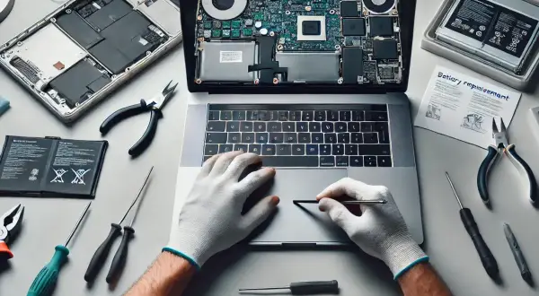 Naprawa laptopa, wymiana baterii. Widać rozebrany sprzęt, narzędzia i instrukcję. Uszkodzona bateria w laptopie objawy mogą być różne, ale ten obraz pokazuje proces naprawy.