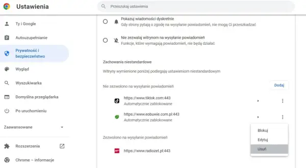 Ustawienia prywatności przeglądarki. Zobaczysz tu, jak wyłączyć powiadomienia z przeglądarki, blokując strony takie jak TikTok.