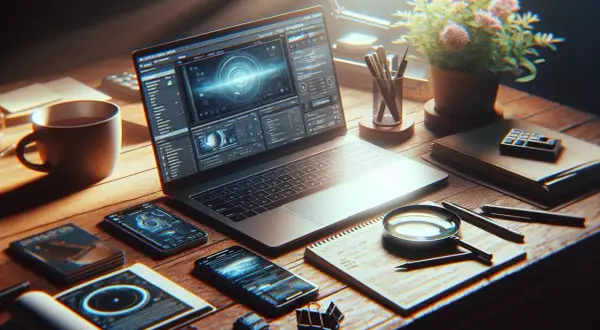 Na biurku leży otwarty laptop z ekranem pełnym danych, obok kubek kawy, telefony i lupa. Idealne miejsce, gdzie sprawdzić model laptopa.