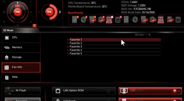 Ekran BIOS MSI Click BIOS 5. Widoczny jest interfejs EZ Mode, opcje takie jak CPU, Memory, Storage, Fan Info. W prawym górnym rogu znajduje się informacja o wersji BIOS. To dobry punkt wyjścia, by dowiedzieć się, jak zaktualizować BIOS.