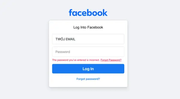 Ekran logowania do Facebooka. Wpisz swój email i hasło, aby włączyć logowanie do Facebooka we wbudowanej przeglądarce.