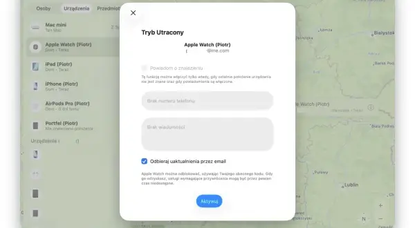 Ekran aplikacji "Znajdź" pokazuje, jak śledzić iPhone'a i inne urządzenia Apple. W trybie utraconym można podać numer telefonu i wiadomość.