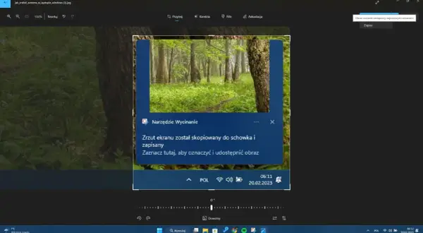 Zrzut ekranu zrobiony Narzędziem Wycinanie. Pokazuje, jak zrobić screena na laptopie, z opcją zaznaczenia i udostępnienia obrazu.