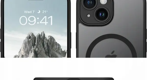 Etui na iPhone 12 pasuje do 13? Zobacz zbliżenia ekranu, aparatu i dolnej krawędzi telefonu w czarnym etui.