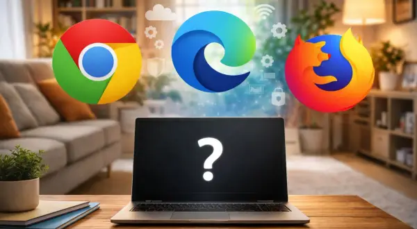 Loga przeglądarek Chrome, Edge i Firefox nad laptopem z pytajnikiem na ekranie.