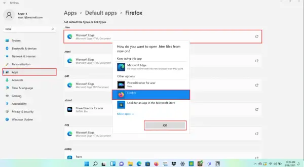 Ustawianie domyślnej przeglądarki w Windows 11: wybierz Firefox jako domyślną aplikację do otwierania plików .htm.
