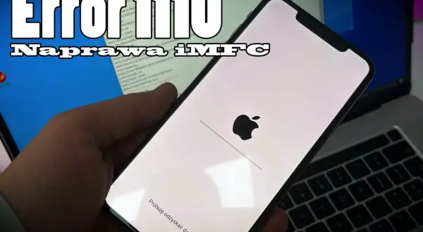 Naprawa błędu 1110 na iPhonie 8. Ekran z logo Apple i komunikatem "Próbuje odzyskać dane".