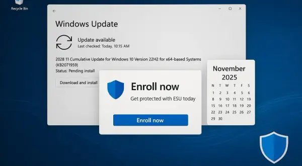 Ekran Windows Update pokazuje dostępną aktualizację. Aby dowiedzieć się, jak zaktualizować Windows 10, kliknij "Pobierz i zainstaluj".