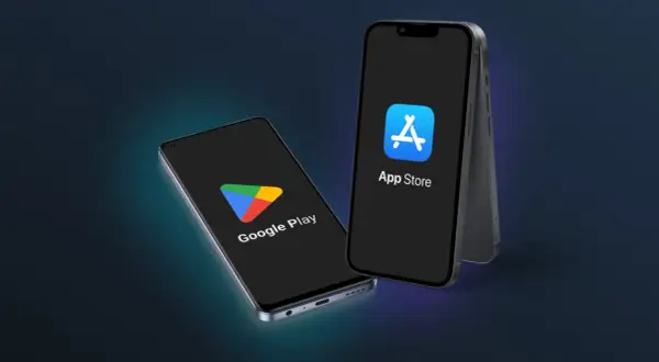 Dwa telefony z logo Google Play i App Store. Dowiedz się, jak kupić aplikacje na Google Play.