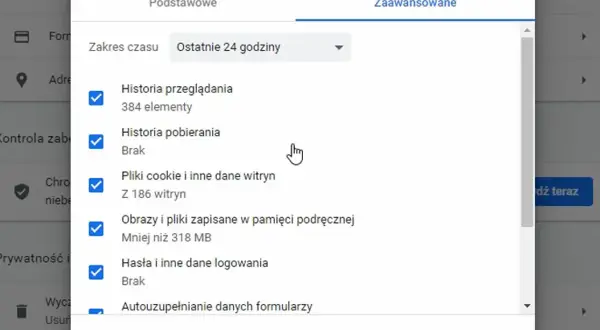 Okno "Wyczyść dane przeglądania" pokazuje, jak wejść w historię przeglądarki, zaznaczając elementy do usunięcia.