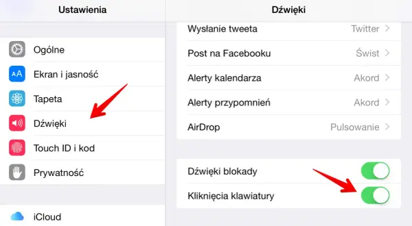 Ustawienia iPhone 11: Dźwięki. Czerwona strzałka wskazuje na opcję "Dźwięki", gdzie można wyciszyć powiadomienia.