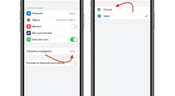 Dwa ekrany iPhone'a pokazujące ustawienia domyślnej przeglądarki: Chrome i Safari.