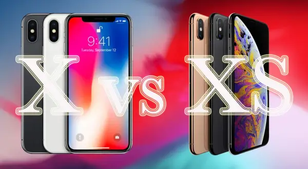 Porównanie iPhone X vs XS: dwa rzędy smartfonów Apple w różnych kolorach, z dużym napisem "X VS XS" na pierwszym planie.
