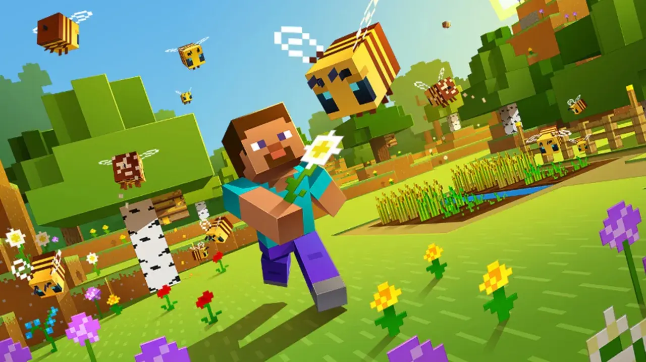 Steve z Minecraft Bedrock trzyma kwiat, otoczony przez pszczoły. Dowiedz się, jak zaktualizować Minecraft Bedrock, by cieszyć się nowymi funkcjami.