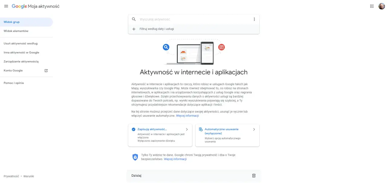 Strona Google Moja aktywność pozwala sprawdzić, jakie aplikacje były uruchamiane. Możesz przeglądać i zarządzać swoją historią.