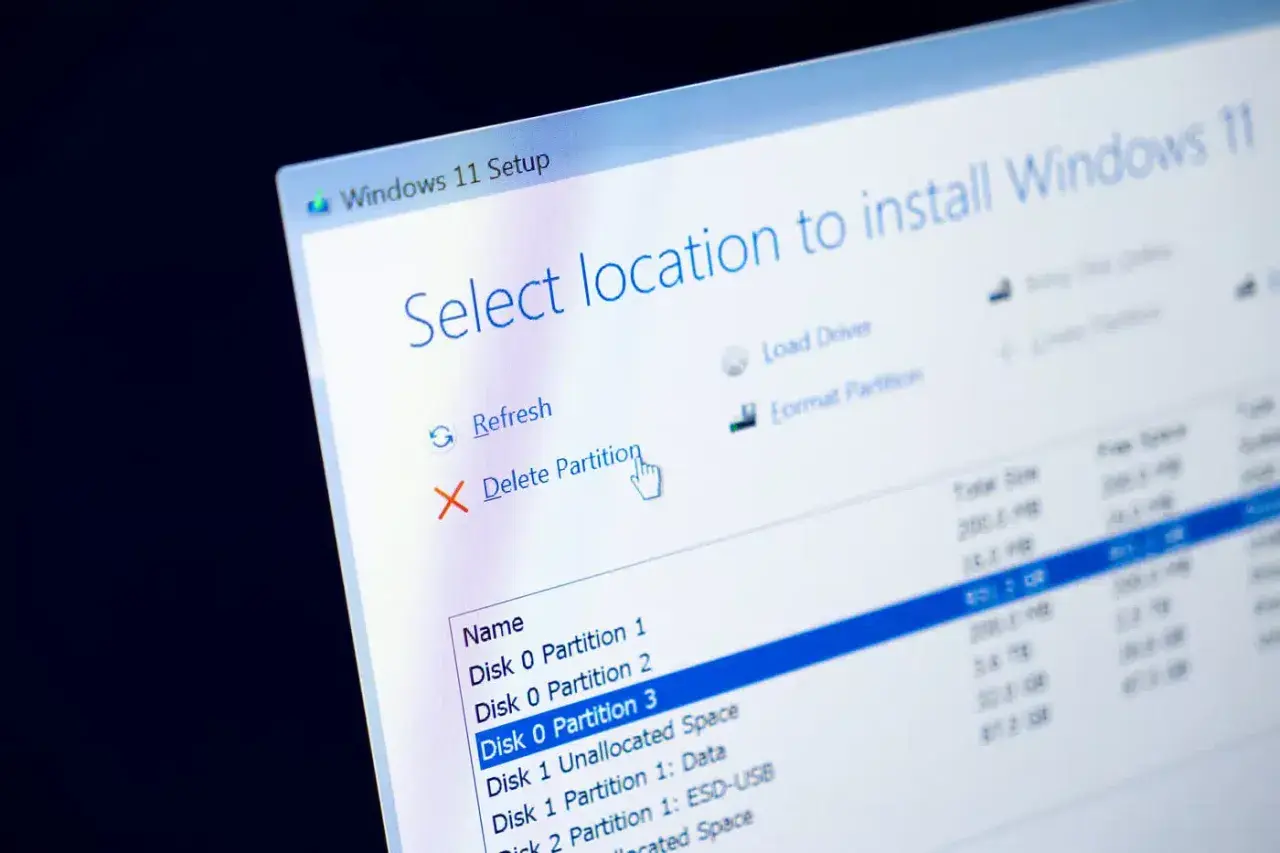 Ekran instalacji Windows 11. Widoczna opcja "Usuń partycję", kluczowa, gdy chcemy sformatować laptop.