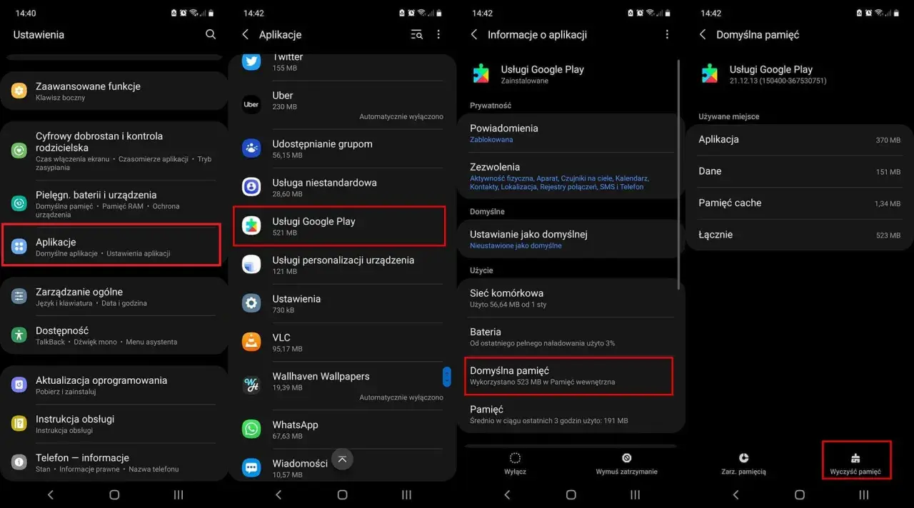 Ekran telefonu pokazuje, dlaczego nie mogę zaktualizować Usługi Google Play. Widoczne są ustawienia aplikacji, informacje o Usługach Google Play i zarządzanie pamięcią.