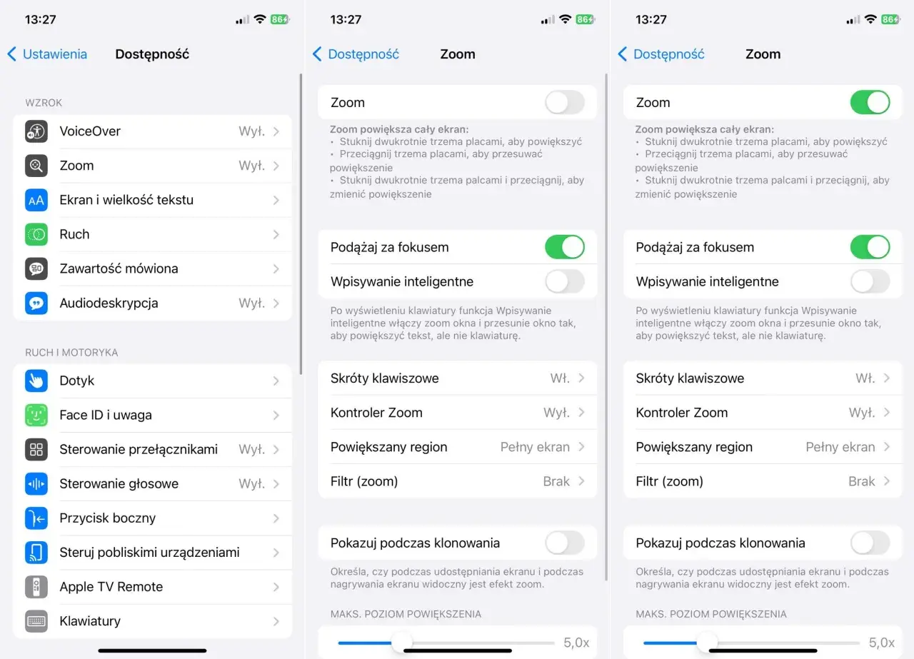 Ustawienia iPhone: Dostępność > Wzrok > Zoom. Tutaj możesz wyłączyć zoom, dostosować powiększenie i inne opcje.