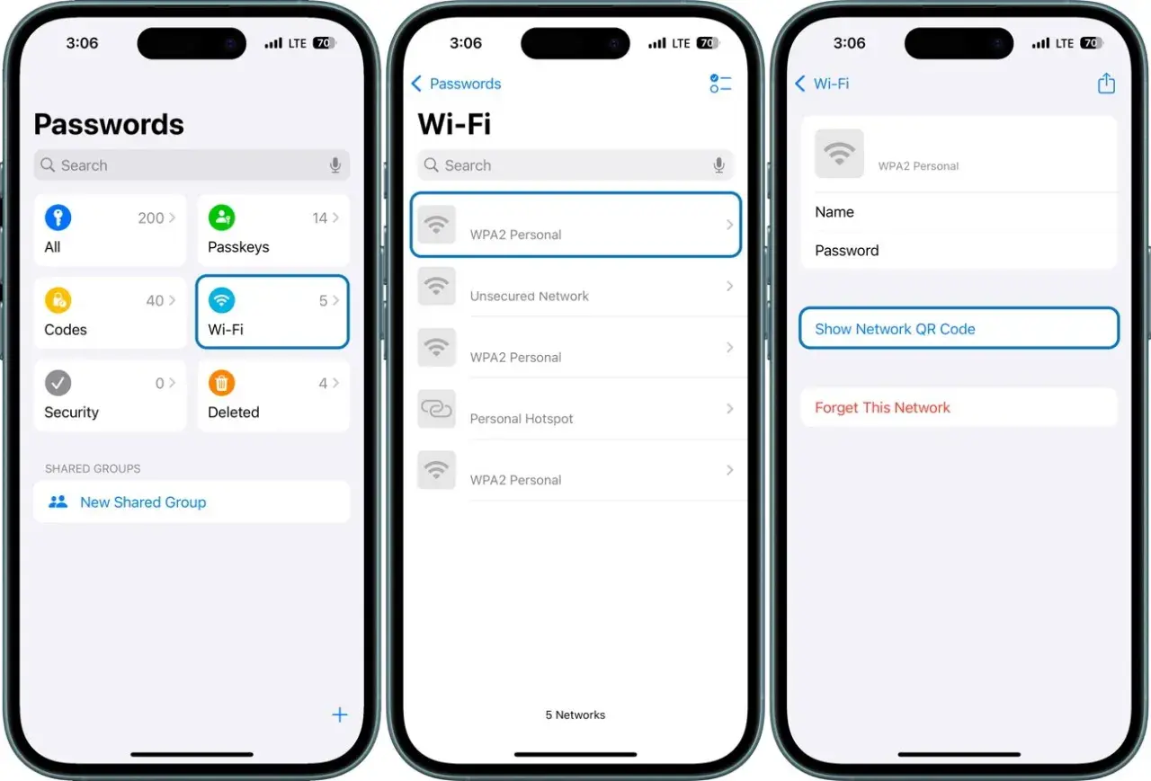 Jak udostępnić Wi-Fi iPhone: zobacz zapisane sieci Wi-Fi, wybierz jedną, by pokazać kod QR lub zapomnieć.