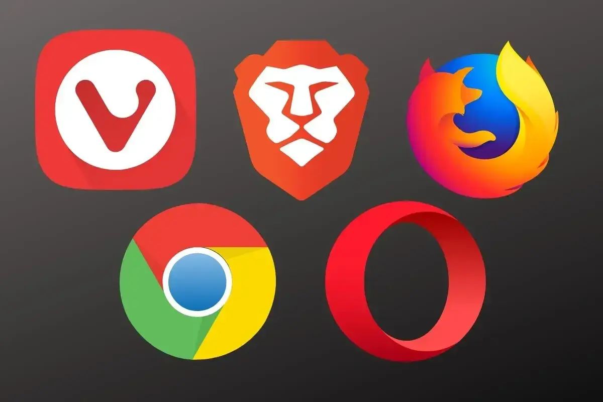 Ikony popularnych przeglądarek internetowych: Vivaldi, Brave, Firefox, Chrome, Opera. Jakie są przeglądarki internetowe?