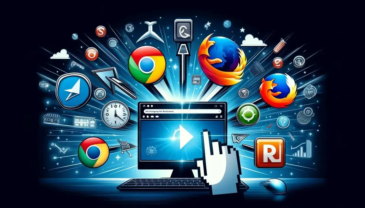 Ikony przeglądarek internetowych (Chrome, Firefox) wokół ekranu komputera z kursorem myszy.