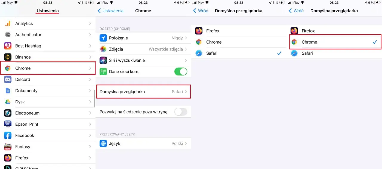 Ustawienia domyślnej przeglądarki: wybierz Chrome, aby ustawić go jako domyślną przeglądarkę.