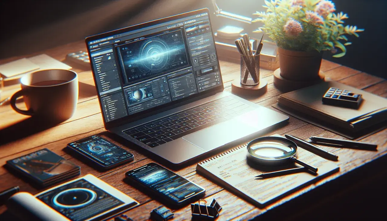 Na biurku leży otwarty laptop z ekranem pełnym danych, obok kubek kawy, telefony i lupa. Idealne miejsce, gdzie sprawdzić model laptopa.