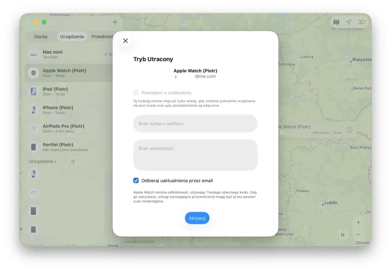 Ekran aplikacji "Znajdź" pokazuje, jak śledzić iPhone'a i inne urządzenia Apple. W trybie utraconym można podać numer telefonu i wiadomość.