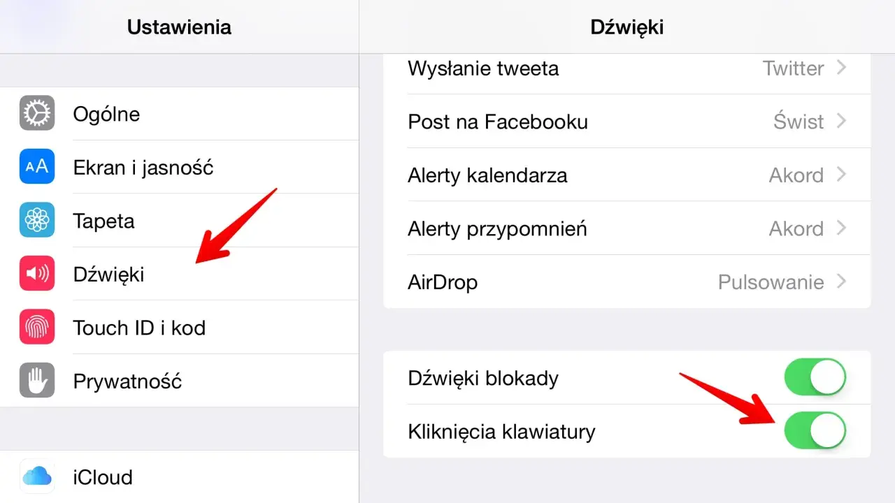 Ustawienia iPhone 11: Dźwięki. Czerwona strzałka wskazuje na opcję "Dźwięki", gdzie można wyciszyć powiadomienia.