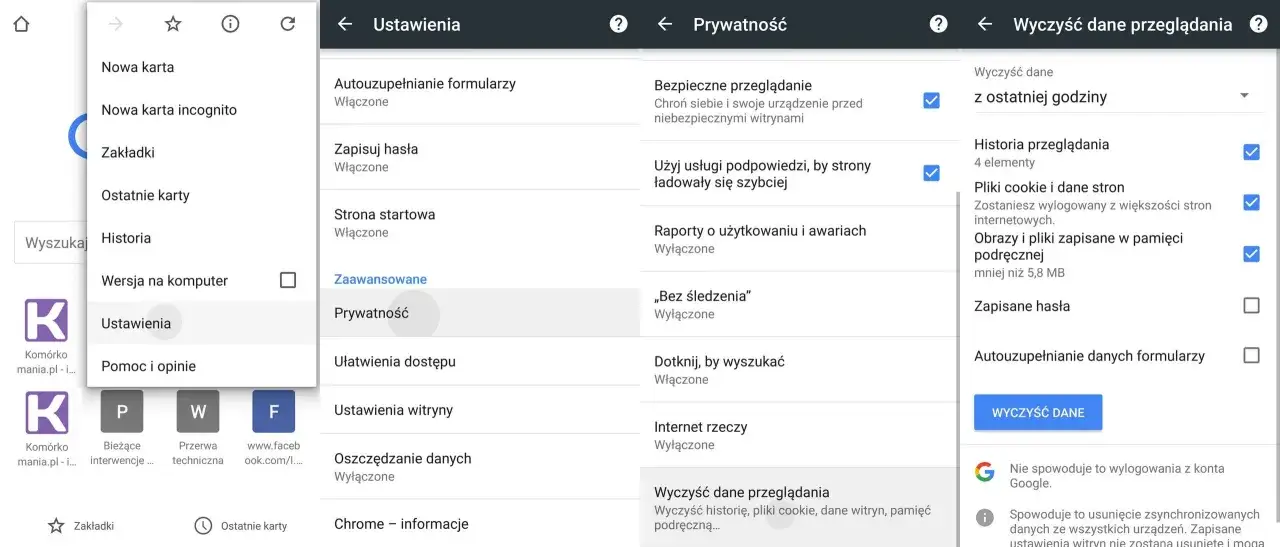 Ekran telefonu z menu przeglądarki. Widoczne opcje: Historia, Ustawienia, Prywatność, Wyczyść dane przeglądania. Jak usunąć witrynę z przeglądarki na telefonie?