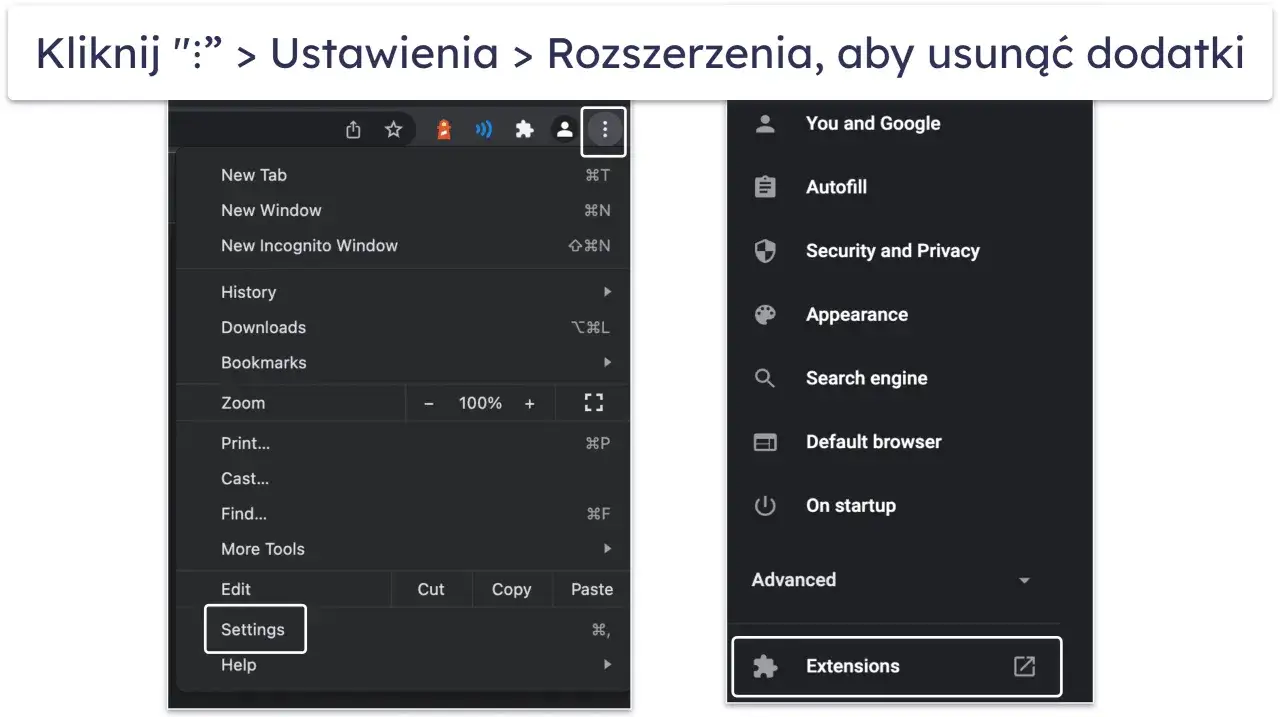 Kliknij &bdquo;:&rdquo;: > Ustawienia > Rozszerzenia, aby usunąć Yahoo z przeglądarki Chrome.