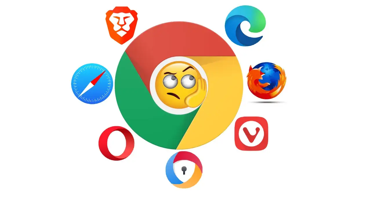 Zastanawiasz się, jak zaktualizować przeglądarkę? Ikony Chrome, Edge, Firefox, Safari, Brave, Opera i Vivaldi otaczają zdezorientowanego emotikona.