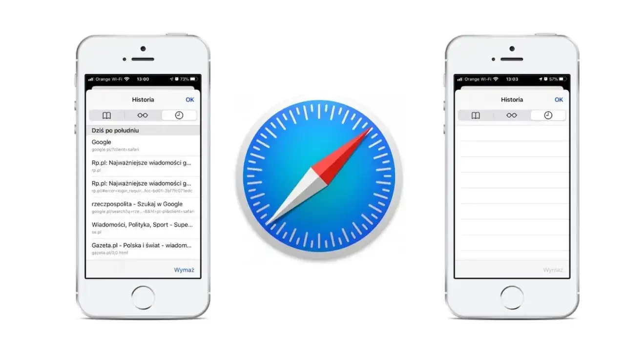 Jak usunąć witrynę z przeglądarki na telefonie? Dwa iPhone'y pokazują historię przeglądania w Safari, obok ikony aplikacji.