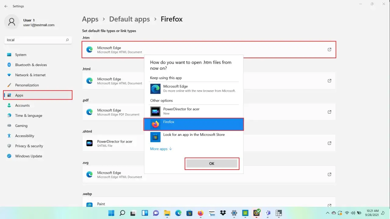 Ustawianie domyślnej przeglądarki w Windows 11: wybierz Firefox jako domyślną aplikację do otwierania plik&oacute;w .htm.