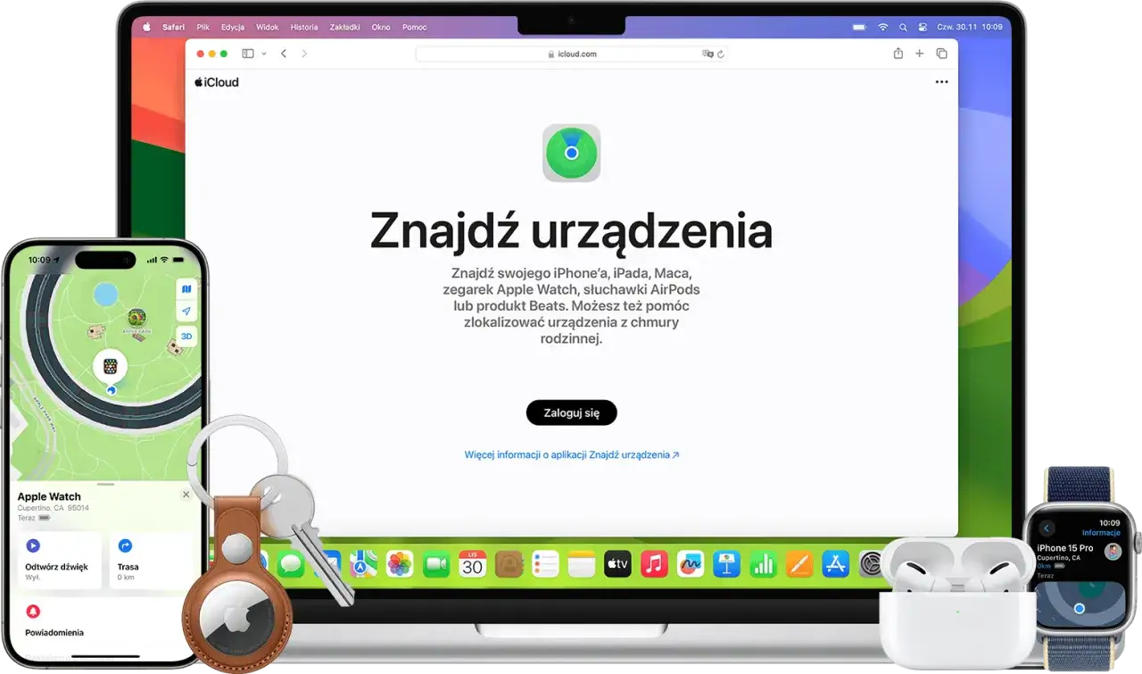 Jak znaleźć iPhone'a? Na ekranie laptopa widzisz aplikację iCloud 