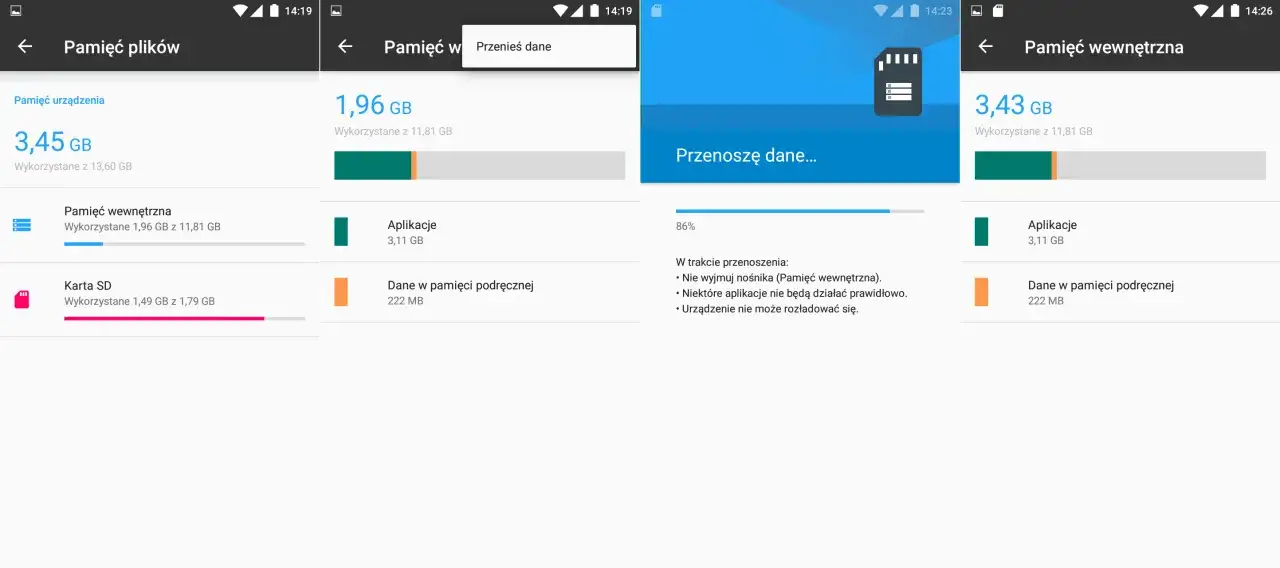 Ekran telefonu pokazuje, dlaczego nie mogę przenieść aplikacji na kartę SD. Trwa przenoszenie danych, ale niektóre aplikacje mogą nie działać poprawnie.