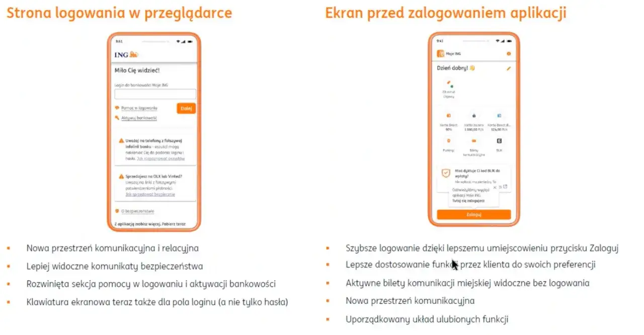 Ekran logowania i ekran główny aplikacji ING. Dowiedz się, jak zmienić język w aplikacji ING, aby dostosować ją do swoich preferencji.