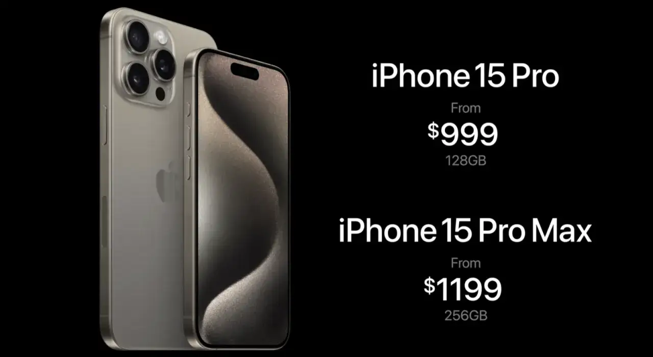 Dwa modele iPhone 15 Pro i iPhone 15 Pro Max na czarnym tle. Ceny od 999$ i 1199$.