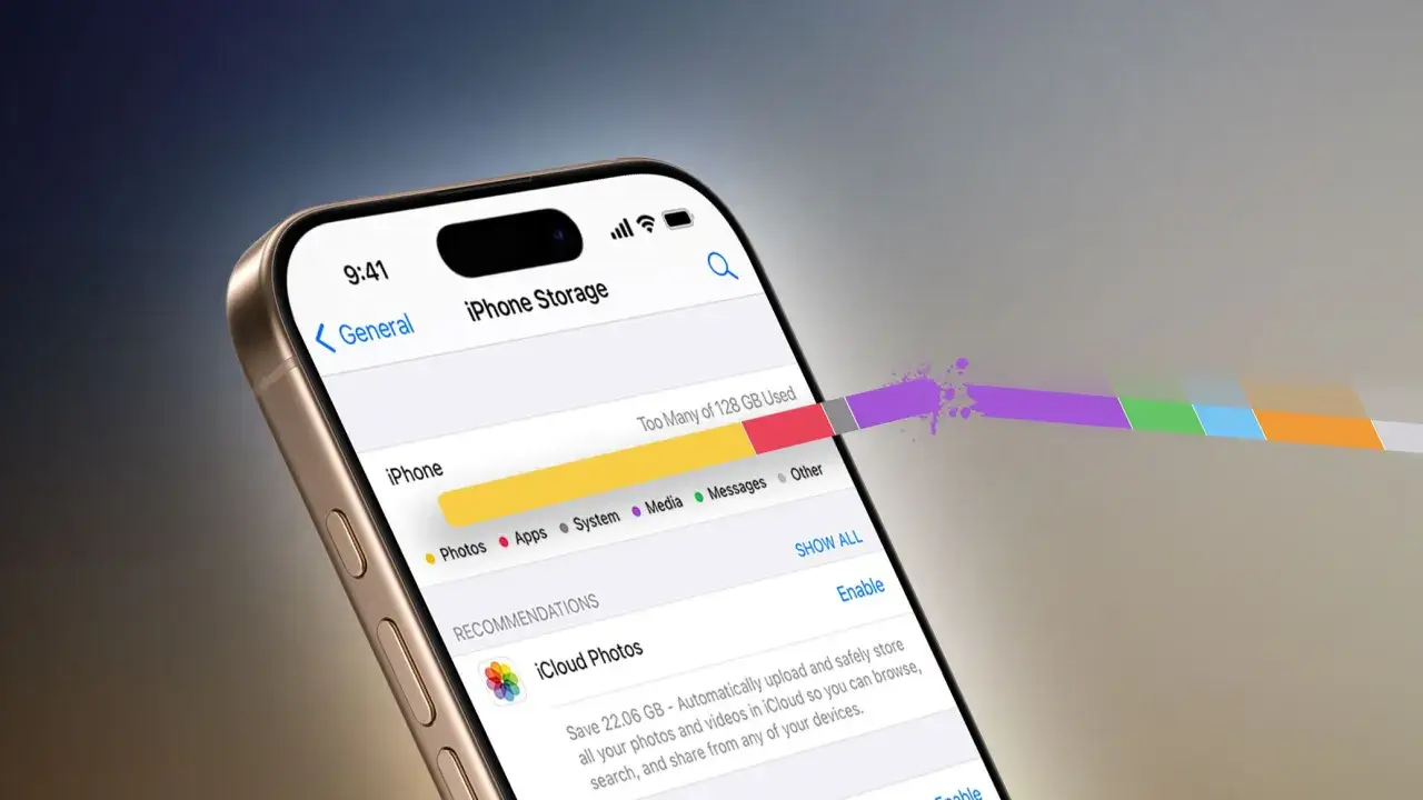 iPhone pokazuje zapełnienie pamięci 128 GB. Czy do iPhone można włożyć kartę pamięci? Nie, iPhone nie obsługuje kart pamięci.