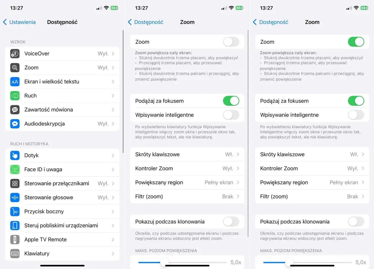 Ustawienia iPhone: Dostępność > Wzrok > Zoom. Tutaj dowiesz się, jak wyłączyć zoom w iPhone, gdy powiększenie ekranu jest aktywne.