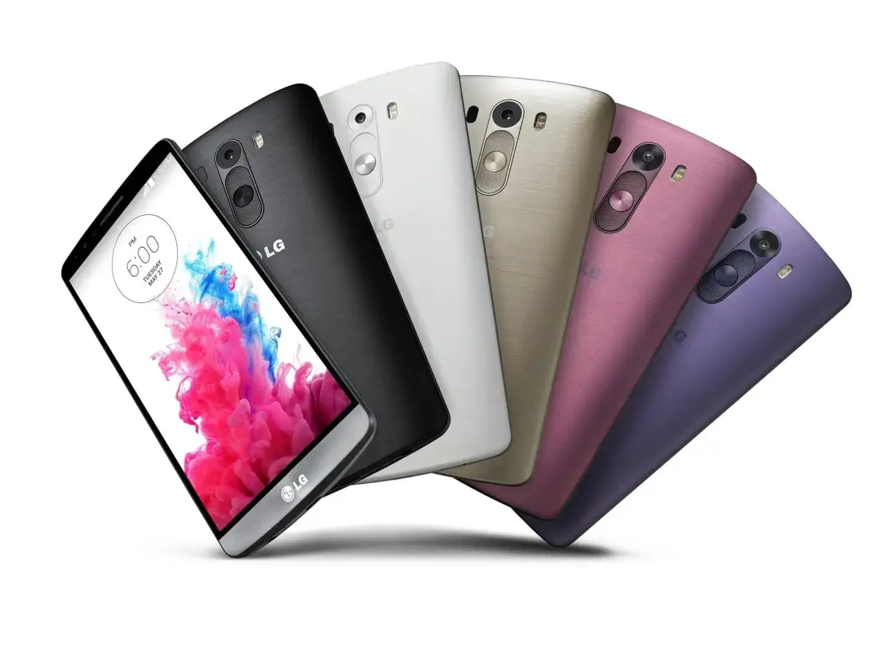 Pięć telefonów LG G3 w różnych kolorach. Dowiedz się, jak zaktualizować Androida na LG G3.